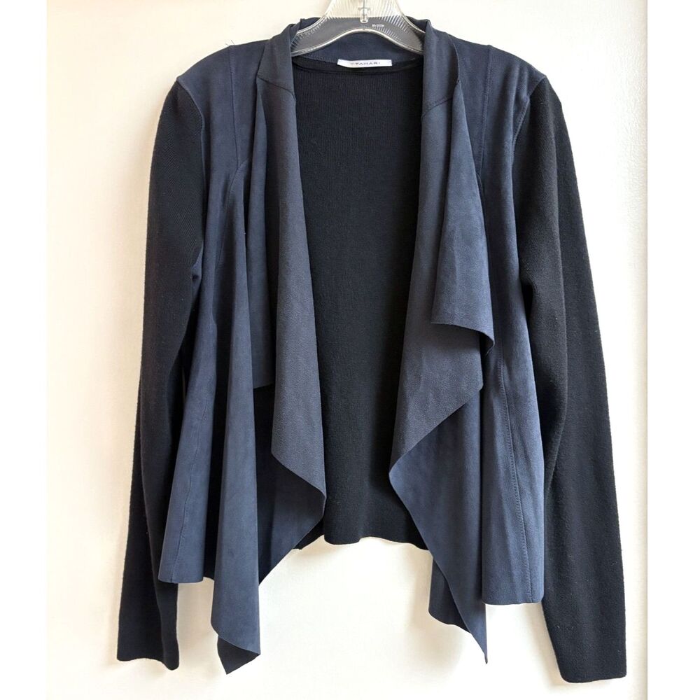 T Tahari Faux Suede Open Front Cardigan Jacket Mixed Media Wool Knit Witchy L - Picture 2 of 8